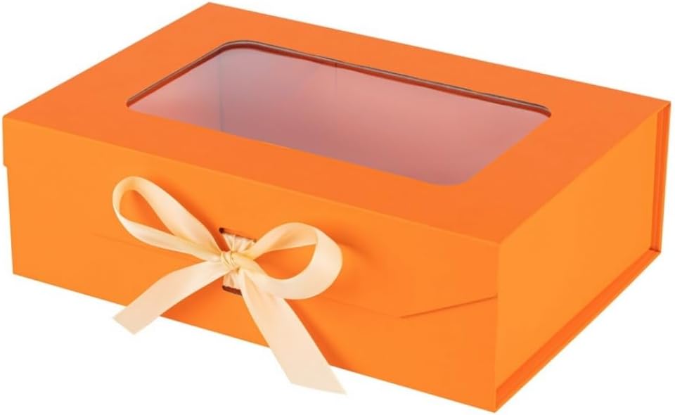 Orange Gift Box for Presents with Ribbon 10.8x7.5x3.5 Inches Clear Gift Box with Window Magnetic Closure Gift Boxes with Lids