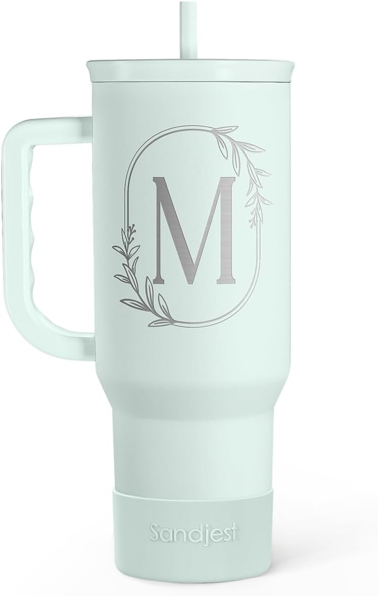 Personalized Monogrammed Tumbler with Handle 40oz, Letter M Tumblers Insulated Coffee Travel Cup, Custom Initial Gift for Women Girls Friends, Monogram Gift for Christmas Birthday Mothers Day