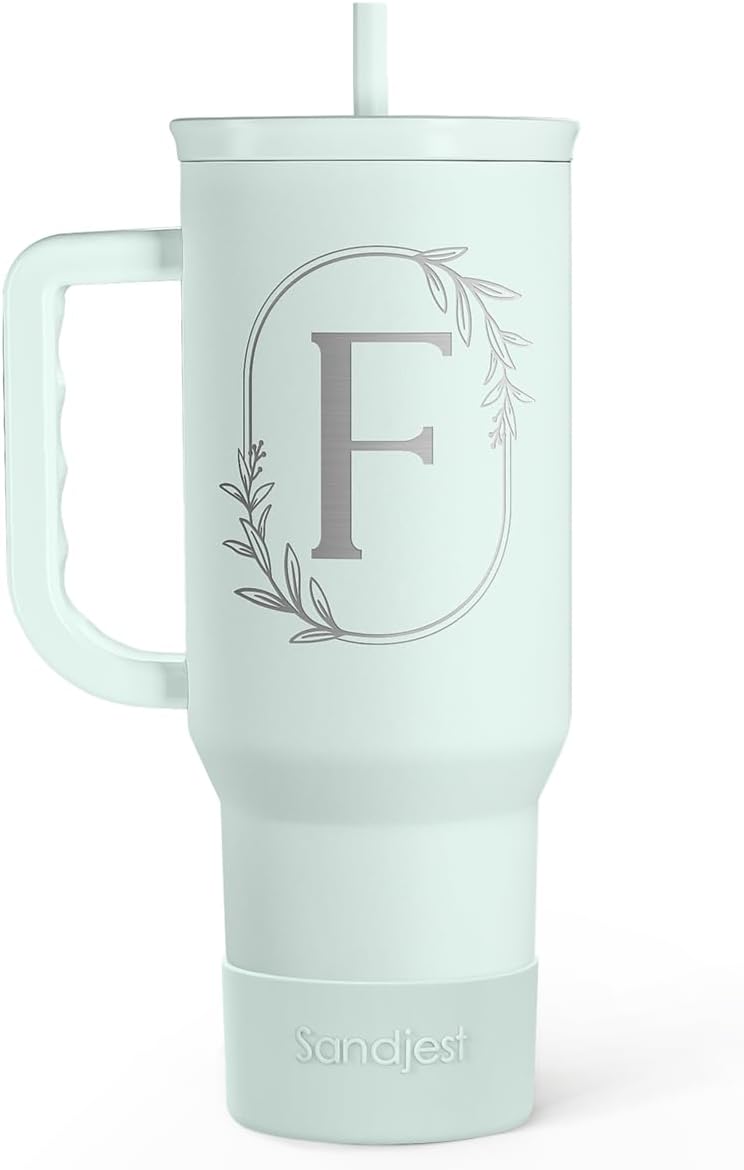 Personalized Monogrammed Tumbler with Handle 40oz, Letter F Tumblers Insulated Coffee Travel Cup, Custom Initial Gift for Women Girls Friends, Monogram Gift for Christmas Birthday Mothers Day