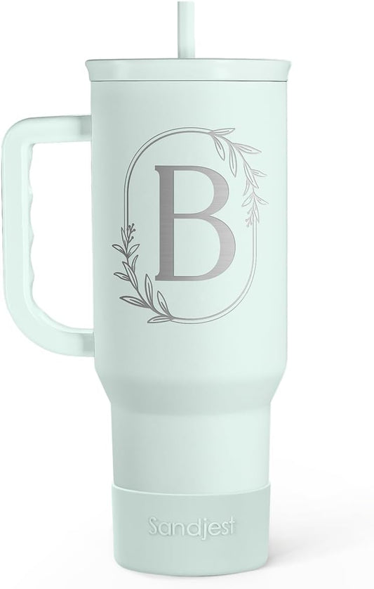 Personalized Monogrammed Tumbler with Handle 40oz, Letter B Tumblers Insulated Coffee Travel Cup, Custom Initial Gift for Women Girls Friends, Monogram Gift for Christmas Birthday Mothers Day