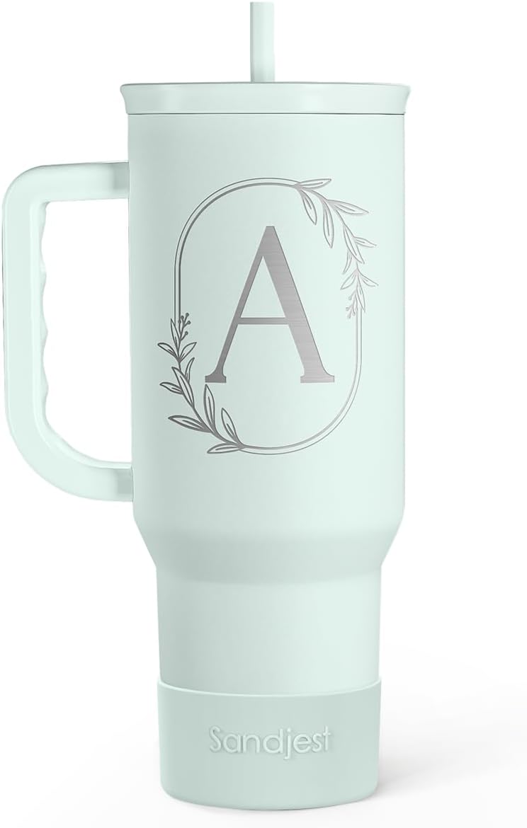 Personalized Monogrammed Tumbler with Handle 40oz, Letter A Tumblers Insulated Coffee Travel Cup, Custom Initial Gift for Women Girls Friends, Monogram Gift for Christmas Birthday Mothers Day