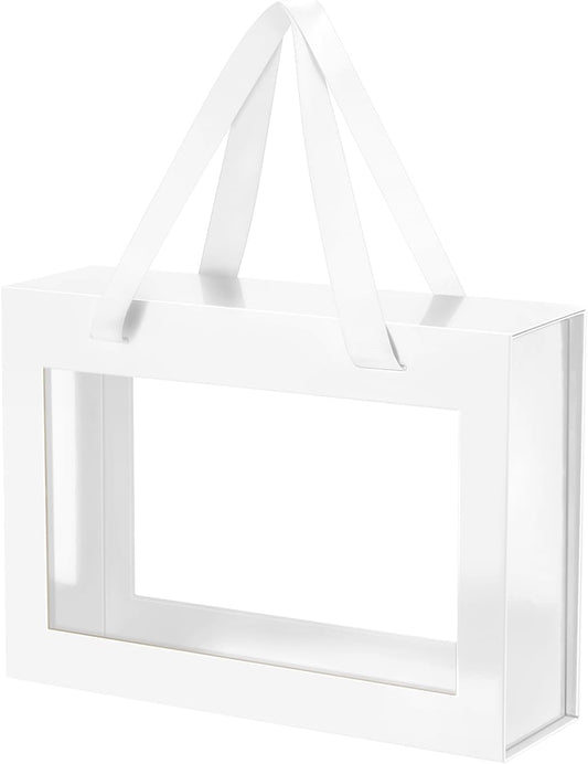 White Gift Box with Window, Clear Magnetic Gift Box with Handle for Present, Bridesmaid Proposal Box (10.5x7.5x3 Inches
