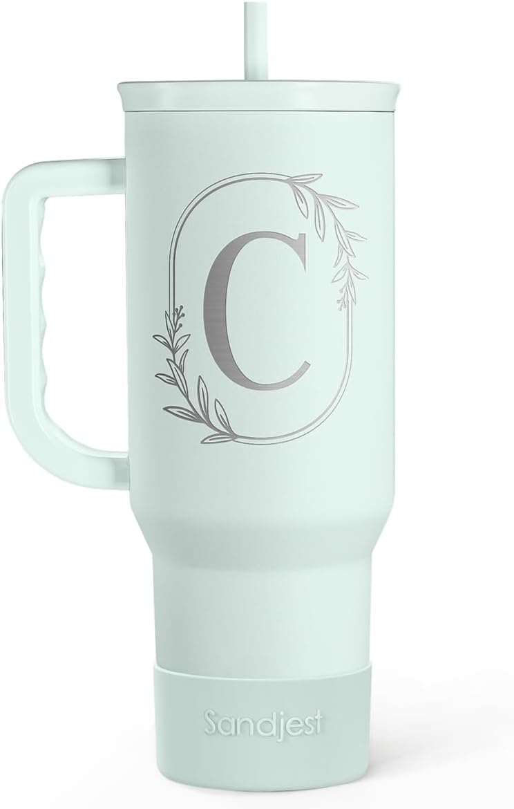 Personalized Monogrammed Tumbler with Handle 40oz, Letter C Tumblers Insulated Coffee Travel Cup, Custom Initial Gift for Women Girls Friends, Monogram Gift for Christmas Birthday Mothers Day