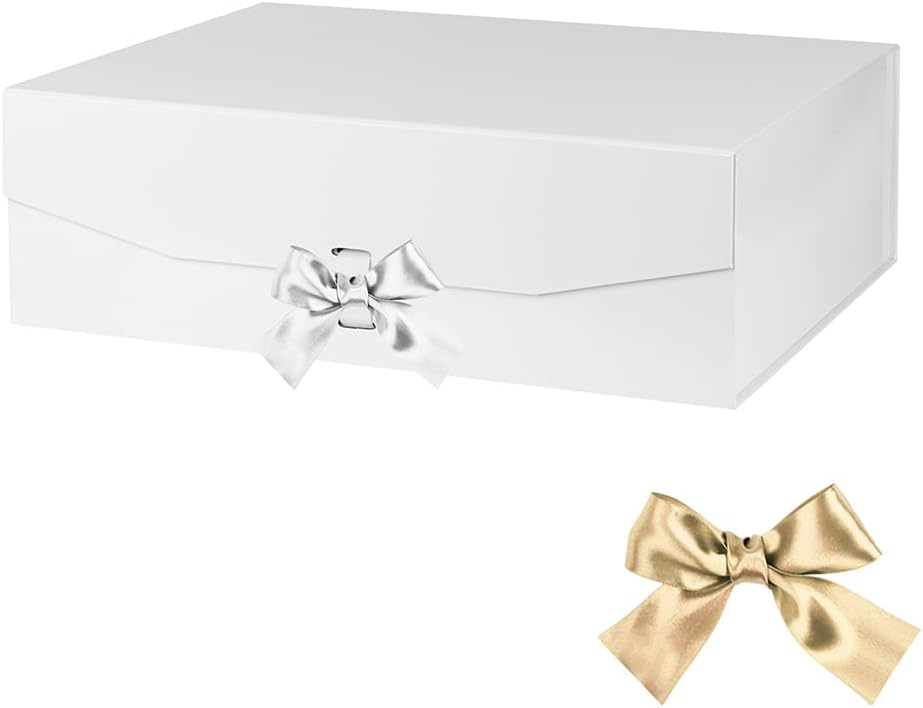 Extra Large White Gift Box 16x14x5.3 Inches, Gift Box with Ribbon with Lid Magnetic Closure, Groomsman Proposal Box, Rectangle Collapsible Gift Boxes for Large Gifts (Matte White)