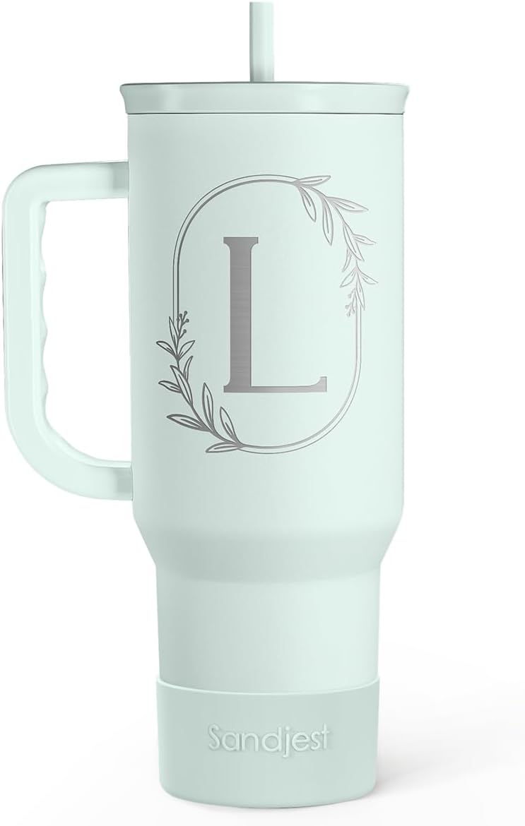 Personalized Monogrammed Tumbler with Handle 40oz, Letter L Tumblers Insulated Coffee Travel Cup, Custom Initial Gift for Women Girls Friends, Monogram Gift for Christmas Birthday Mothers Day