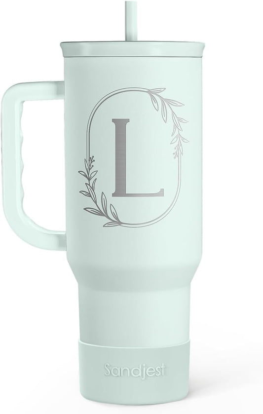 Personalized Monogrammed Tumbler with Handle 40oz, Letter L Tumblers Insulated Coffee Travel Cup, Custom Initial Gift for Women Girls Friends, Monogram Gift for Christmas Birthday Mothers Day