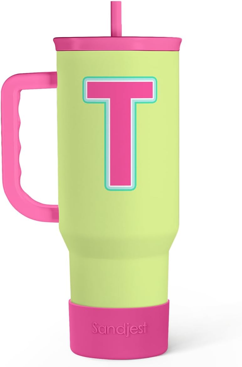 SANDJEST Monogrammed Tumbler with Handle 40oz, Letter T Tumblers Coffee Travel Cup with Straw, Personalized Monogram Initial Gifts for Women Girls, Customized Gifts for Christmas Birthday Mothers Day