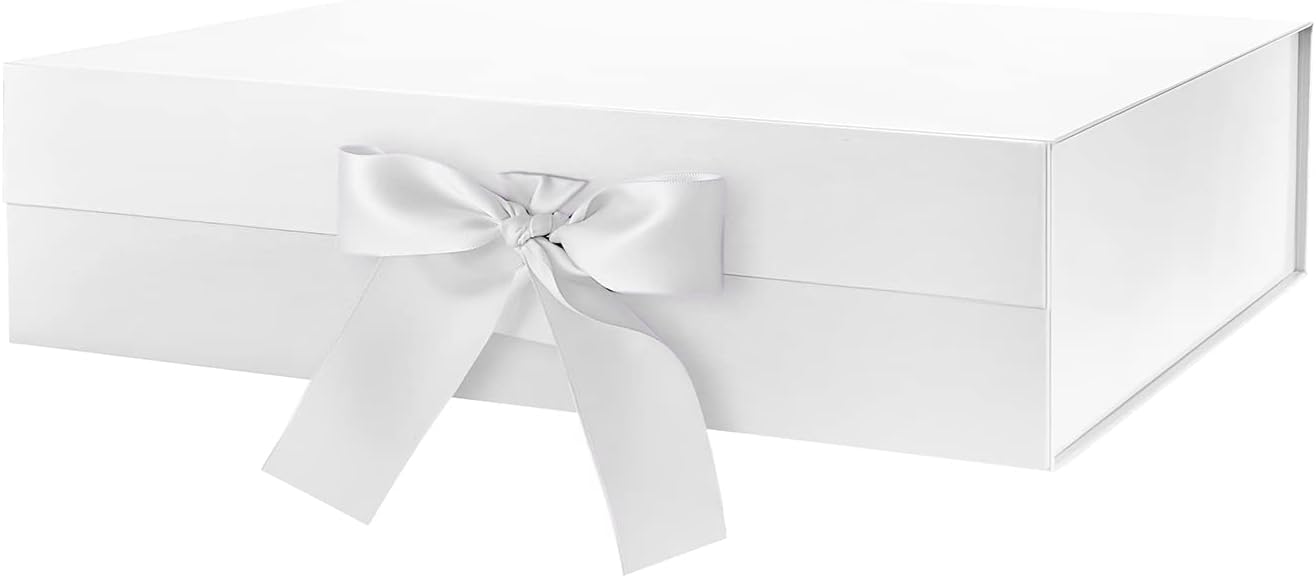 GREEN BEAN Large Gift Box with Lid for Presents 13x9.7x3.4 Inches, White Magnetic Gift Box with Ribbon, Bridesmaid Proposal Box, Luxury Gifts Box (Glossy White)