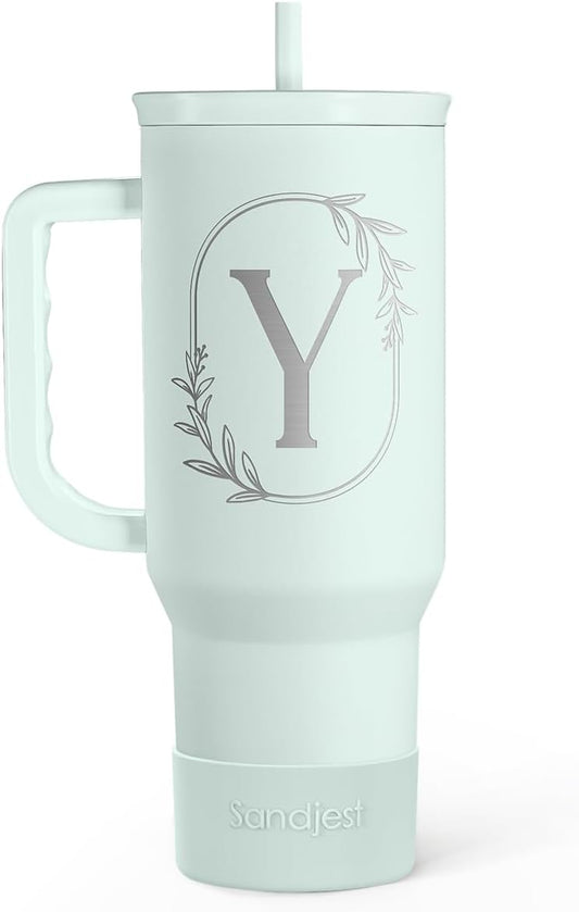 Personalized Monogrammed Tumbler with Handle 40oz, Letter Y Tumblers Insulated Coffee Travel Cup, Custom Initial Gift for Women Girls Friends, Monogram Gift for Christmas Birthday Mothers Day
