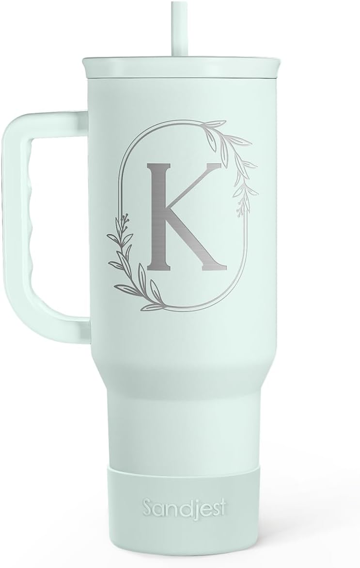 Personalized Monogrammed Tumbler with Handle 40oz, Letter K Tumblers Insulated Coffee Travel Cup, Custom Initial Gift for Women Girls Friends, Monogram Gift for Christmas Birthday Mothers Day