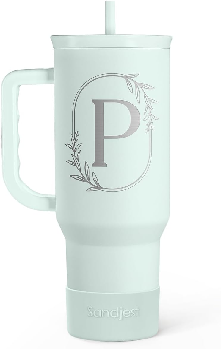 Personalized Monogrammed Tumbler with Handle 40oz, Letter P Tumblers Insulated Coffee Travel Cup, Custom Initial Gift for Women Girls Friends, Monogram Gift for Christmas Birthday Mothers Day