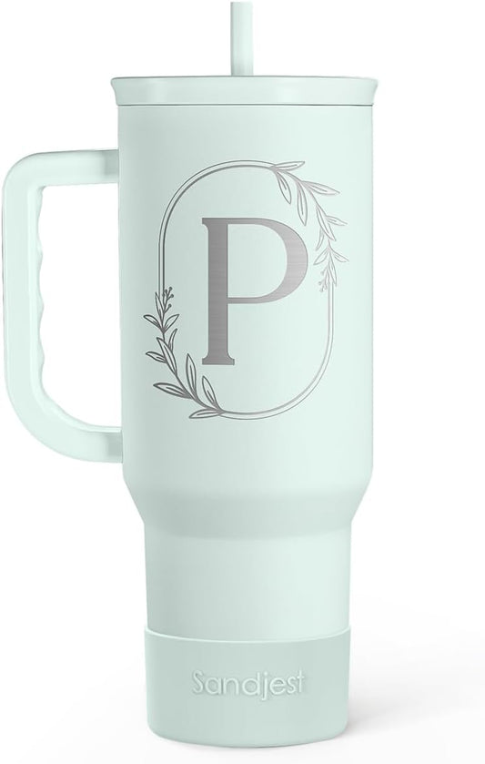 Personalized Monogrammed Tumbler with Handle 40oz, Letter P Tumblers Insulated Coffee Travel Cup, Custom Initial Gift for Women Girls Friends, Monogram Gift for Christmas Birthday Mothers Day