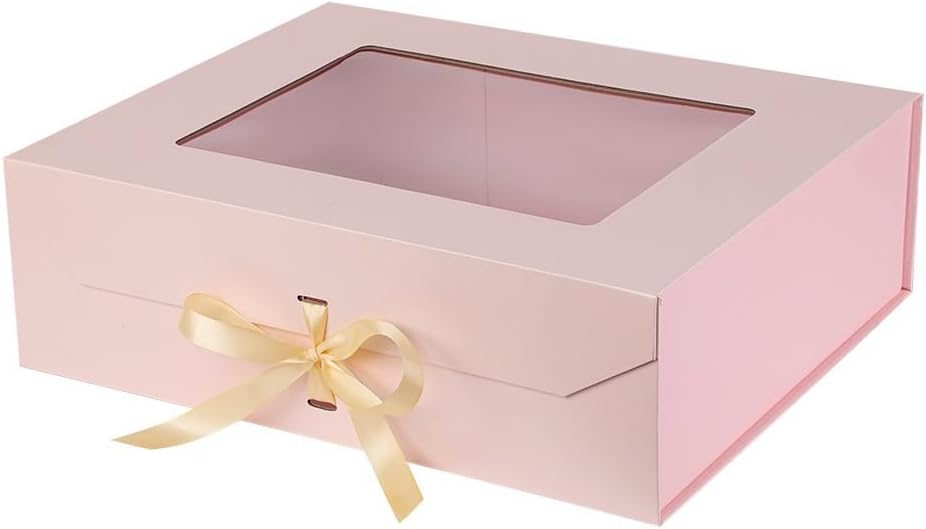 Extra Large Pink Gift Box for Presents with Ribbon 19x16x6 Inches Clear Gift Box with Window Magnetic Closure Gift Boxes with Lids