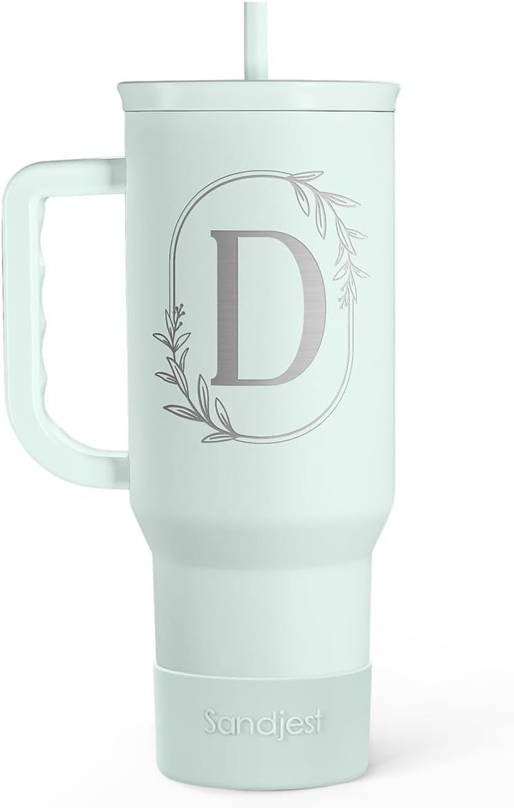 Personalized Monogrammed Tumbler with Handle 40oz, Letter D Tumblers Insulated Coffee Travel Cup, Custom Initial Gift for Women Girls Friends, Monogram Gift for Christmas Birthday Mothers Day