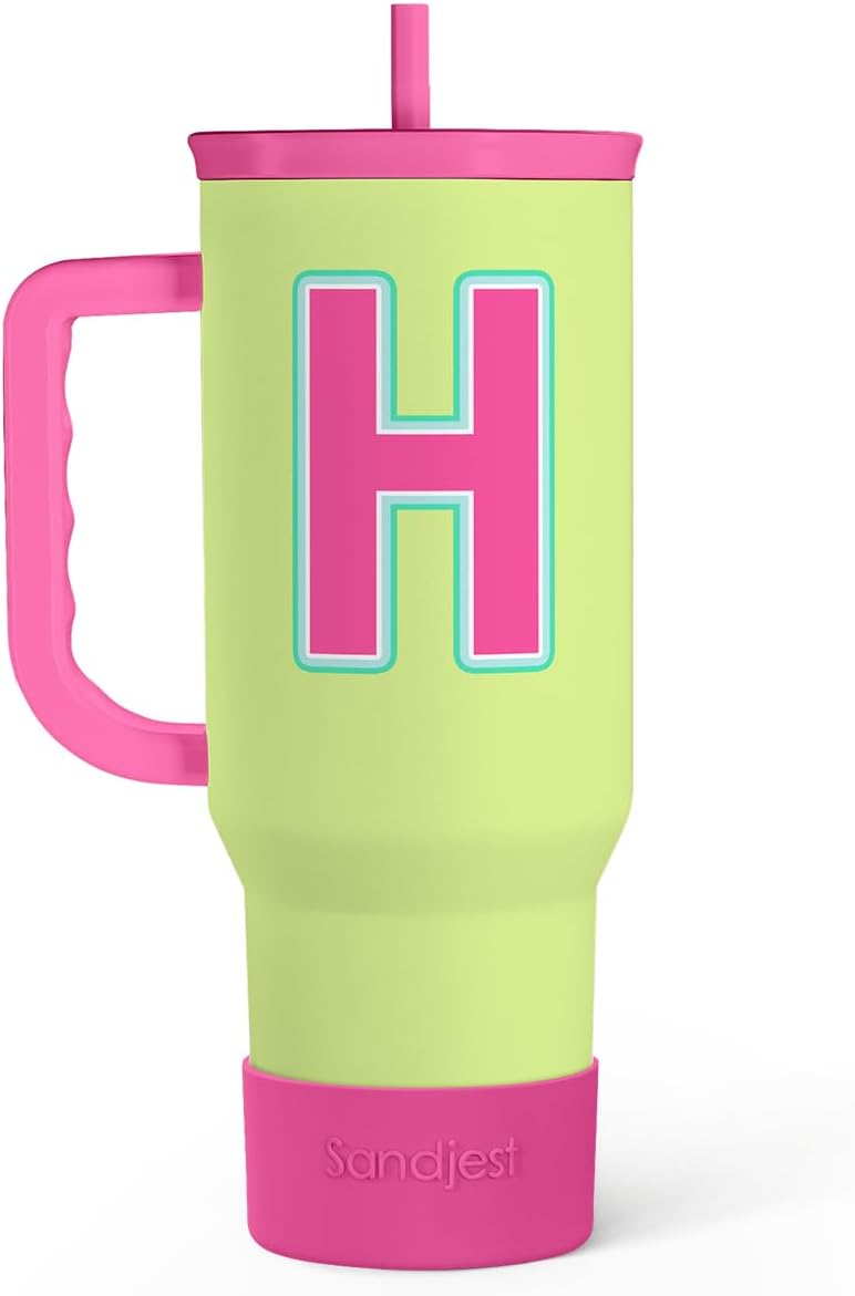 SANDJEST Monogrammed Tumbler with Handle 40oz, Letter H Tumblers Coffee Travel Cup with Straw, Personalized Monogram Initial Gifts for Women Girls, Customized Gifts for Christmas Birthday Mothers Day