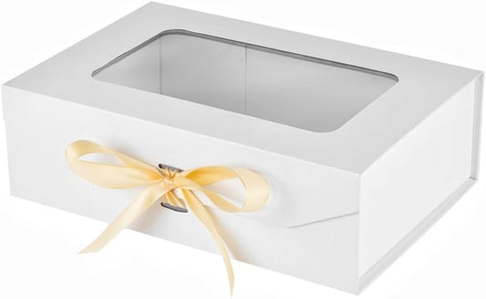 White Gift Box for Presents with Ribbon 10.8x7.5x3.5 Inches Clear Gift Box with Window Magnetic Closure Gift Boxes with Lids