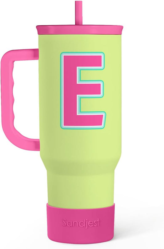 SANDJEST Monogrammed Tumbler with Handle 40oz, Letter E Tumblers Coffee Travel Cup with Straw, Personalized Monogram Initial Gifts for Women Girls, Customized Gifts for Christmas Birthday Mothers Day