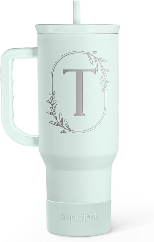 Personalized Monogrammed Tumbler with Handle 40oz, Letter T Tumblers Insulated Coffee Travel Cup, Custom Initial Gift for Women Girls Friends, Monogram Gift for Christmas Birthday Mothers Day