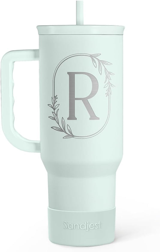 Personalized Monogrammed Tumbler with Handle 40oz, Letter R Tumblers Insulated Coffee Travel Cup, Custom Initial Gift for Women Girls Friends, Monogram Gift for Christmas Birthday Mothers Day