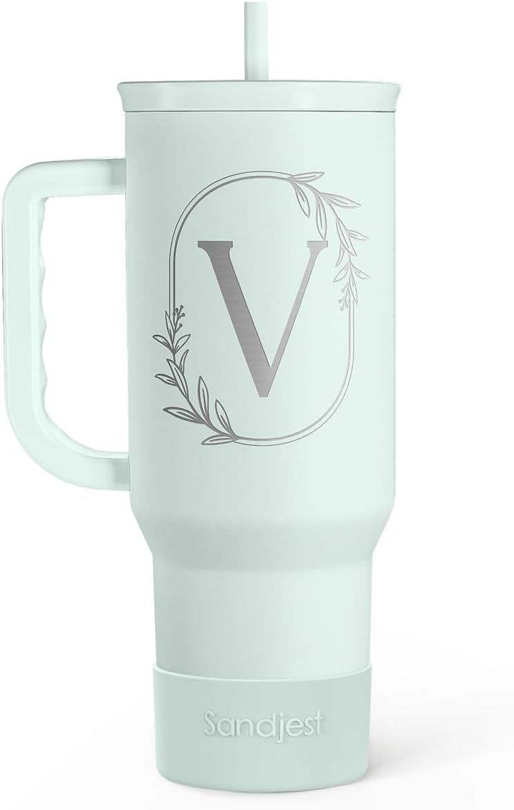 Personalized Monogrammed Tumbler with Handle 40oz, Letter V Tumblers Insulated Coffee Travel Cup, Custom Initial Gift for Women Girls Friends, Monogram Gift for Christmas Birthday Mothers Day