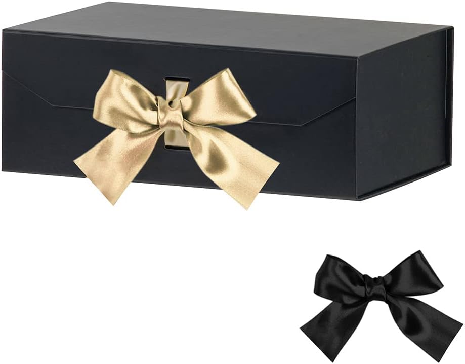 Large Black Gift Box With Ribbon and Magnetic Closure Lid, 12x8x4.5 Inches - Bridesmaid Proposal Box for Festival (Matte Black)