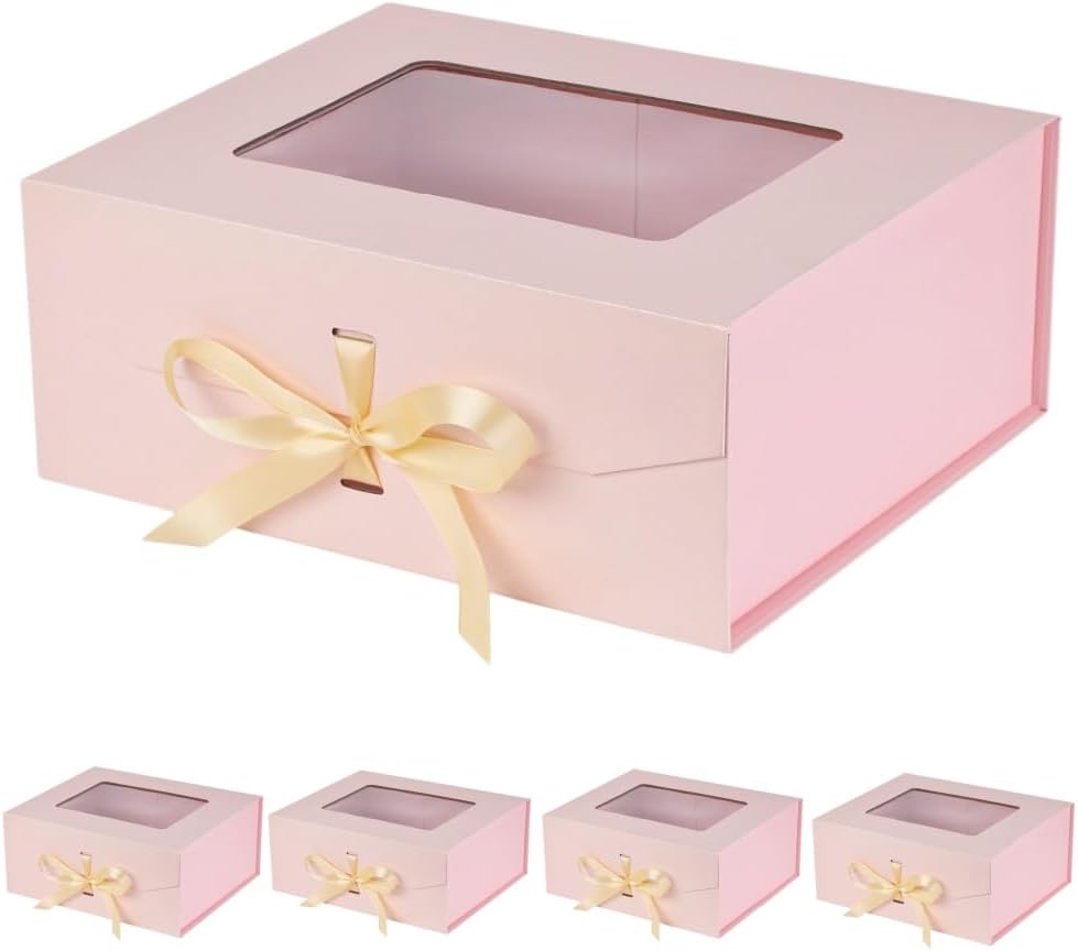 5 Pcs Pink Gift Box for Presents with Ribbon 13.2x11x5.3 Inches Clear Gift Box with Window Magnetic Closure Gift Boxes with Lids