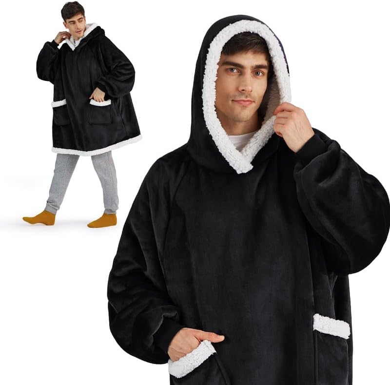 Bedsure Blanket Hoodie, Wearable Blanket for Adults & Kids as Gifts for Women Men, Birthday Gifts for Women Mom Girl Sherpa Oversized Hoodie, Black, Oversize