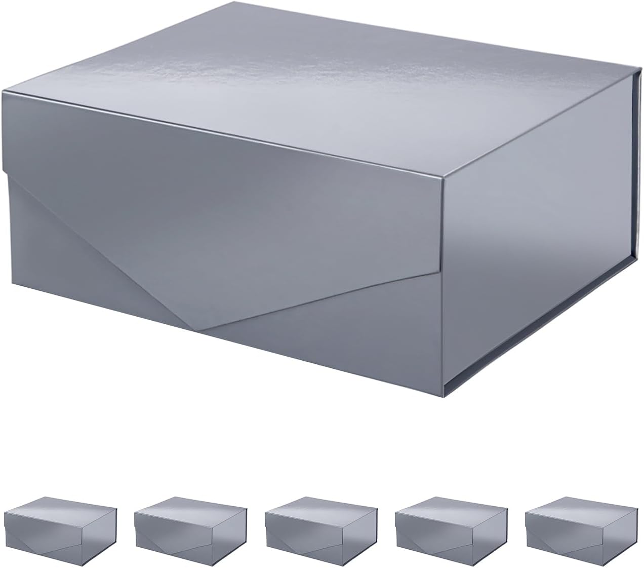PACKHOME 6 Gift Boxes 9x6.5x3.8 Inches, Rectangle Collapsible Boxes with Magnetic Lids for Gift Packaging (Glossy Gray)