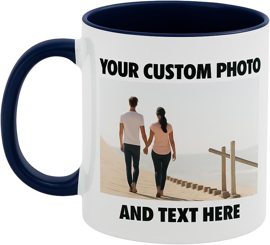 Personalized Coffee Mug | Custom Photo, Text, or Logo Cup (11oz, Navy Blue Rim, Inner, and Handle) |Dishwasher & Microwave Safe |Unique Gift for Men & Women –Taza Personalizada