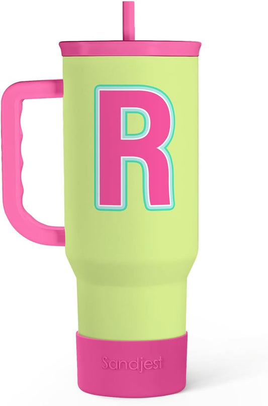 SANDJEST Monogrammed Tumbler with Handle 40oz, Letter R Tumblers Coffee Travel Cup with Straw, Personalized Monogram Initial Gifts for Women Girls, Customized Gifts for Christmas Birthday Mothers Day