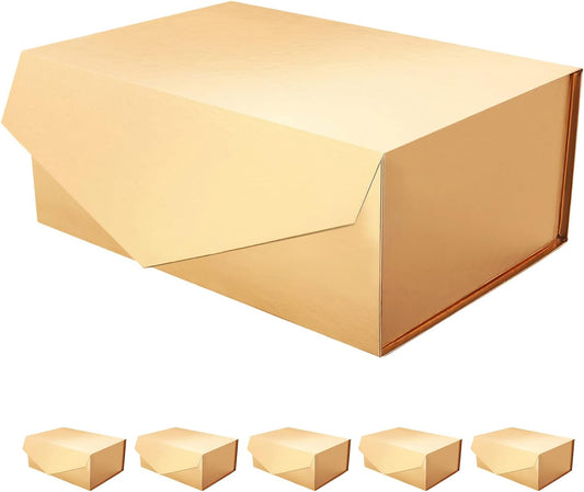 6 Gold Gift Boxes with Lids for Presents, Magnetic Closure Rectangle Collapsible Gift Boxes, Bridesmaids Proposal Boxes, Wedding, Birthday Gift Packaging (9x6.5x3.8 Inches)