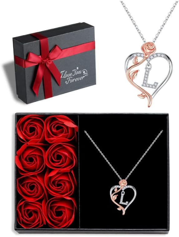 Iefil Rose Heart Necklaces Gifts for Women - 925 Sterling Silver Rose Heart Initial Necklace, Anniversary Birthday Gifts for Women, Jewelry Gift for Her Wife Girlfriend Mom Daughter
