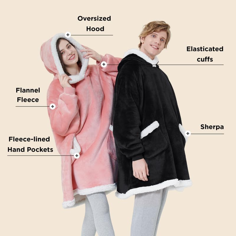 Bedsure Blanket Hoodie, Wearable Blanket for Adults & Kids as Gifts for Women Men, Birthday Gifts for Women Mom Girl Sherpa Oversized Hoodie, Black, Standard
