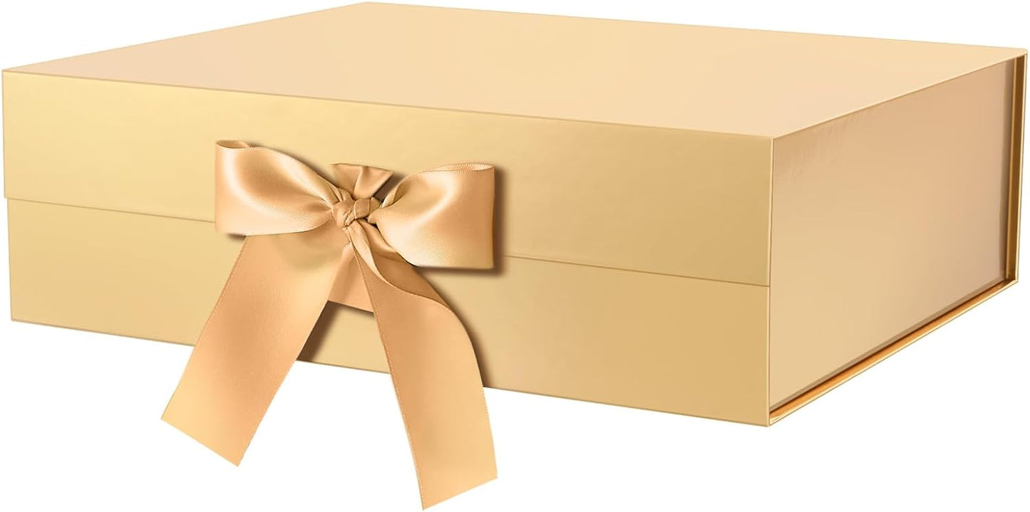 GREEN BEAN Extra Large Gift Box with Lid for Present 16.3x14.2x5 Inches, Gold Magnetic Gift Box with Ribbon, Bridesmaid Proposal Gifts Box (Glossy Gold)