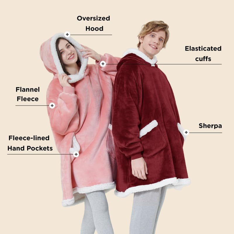 Bedsure Blanket Hoodie, Wearable Blanket for Adults & Kids as Gifts for Women Men, Birthday Gifts for Women Mom Girl Sherpa Oversized Hoodie, Burgundy, Oversize