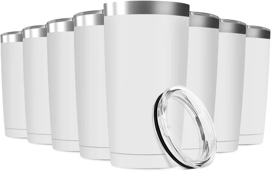8 Pack 20oz Tumbler Vacuum Insulated Travel Mug with Lids, Stainless Steel Double Wall Bulk Cup for Home, Office, Outdoor Suitable for Vehicle Cup Holders(White)