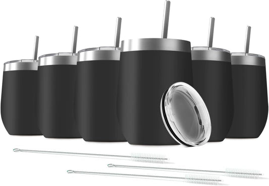 6 Pack 12 oz Stainless Steel Stemless Wine Tumbler with Lids, Double Wall Vacuum Insulated Travel Cup Including 6 Straws set,for Coffee, Cocktail, Drink, Tea and Beer (Black)