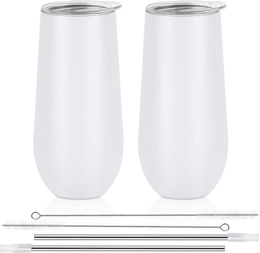 Lifecapido 2 Pack Insulated Stainless Steel Tumblers, 12oz Stemless Flutes, Insulated Champagne Glass for Birthday Party Wedding Christmas (White)