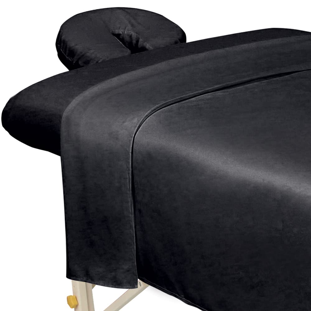 ForPro Professional Collection Premium Microfiber 3-Piece Massage Sheet Set, Black, Ultra-Light, Stain, and Wrinkle-Resistant Includes Massage Flat and Fitted Sheet and Massage Face Rest Cover