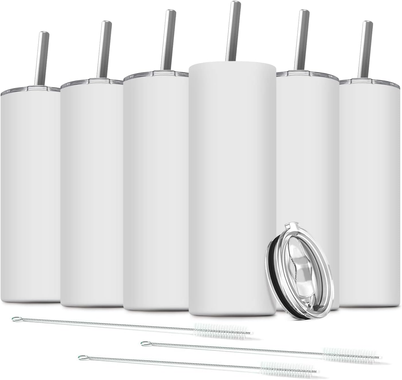6 Pack Stainless Steel Skinny Tumbler, 20 OZ Double-Insulated Water Tumbler Cup with 6 Straw and 3 Brush, Vacuum Travel Mug Gift for Hot Cold Drinks with Cleaning(White)