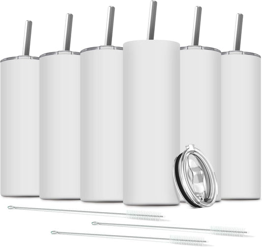 6 Pack Stainless Steel Skinny Tumbler, 20 OZ Double-Insulated Water Tumbler Cup with 6 Straw and 3 Brush, Vacuum Travel Mug Gift for Hot Cold Drinks with Cleaning(White)