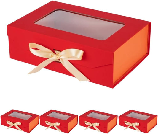 5 Pcs Red Gift Box for Presents with Ribbon 10.8x7.5x3.5 Inches Clear Gift Box with Window Magnetic Closure Gift Boxes with Lids