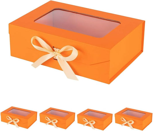 5 Pcs Orange Gift Box for Presents with Ribbon 10.8x7.5x3.5 Inches Clear Gift Box with Window Magnetic Closure Gift Boxes with Lids