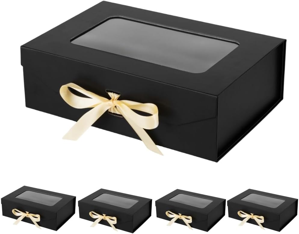 5 Pcs Black Gift Box for Presents with Ribbon 10.8x7.5x3.5 Inches Clear Gift Box with Window Magnetic Closure Gift Boxes with Lids