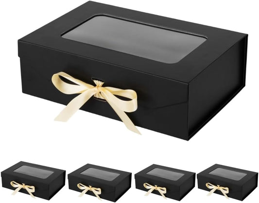 5 Pcs Black Gift Box for Presents with Ribbon 10.8x7.5x3.5 Inches Clear Gift Box with Window Magnetic Closure Gift Boxes with Lids