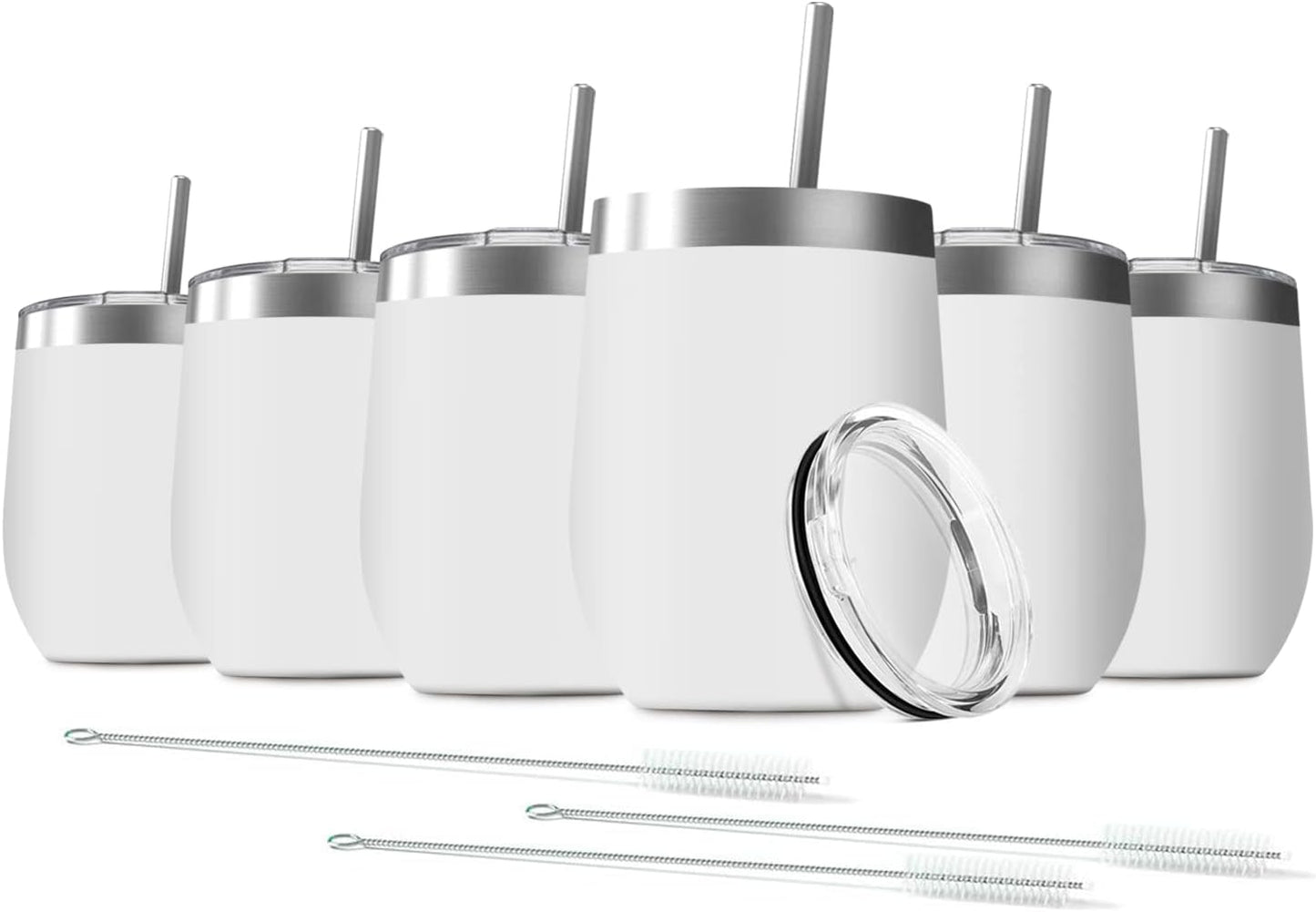 6 Pack 12 oz Stainless Steel Stemless Wine Tumbler with Leakproof Lids, Double Wall Vacuum Insulated Travel Cup Including 6 Straws set,for Coffee, Cocktail, Drink, Tea and Beer (White