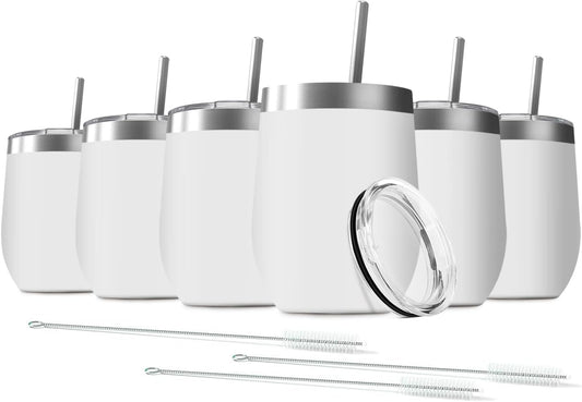 6 Pack 12 oz Stainless Steel Stemless Wine Tumbler with Leakproof Lids, Double Wall Vacuum Insulated Travel Cup Including 6 Straws set,for Coffee, Cocktail, Drink, Tea and Beer (White