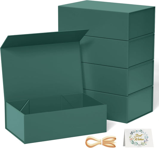 5 Pack Green Gift Box, 9.5x6x3'' Gift box for Presents with Lids Magnetic Closure Rectangle Collapsible for Bridesmaid Proposal Box, Wedding, Christmas, Halloween, Birthday Gift Packging