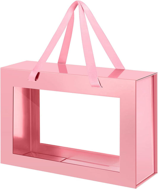 Large Pink Clear Gift Box, 13.5x9x4.1 Inches Gift Box with Window by Handle, Bridesmaid Proposal Box, Collapsible Gift Box with Magnetic Closure (Glossy Pink, 1 Pack)