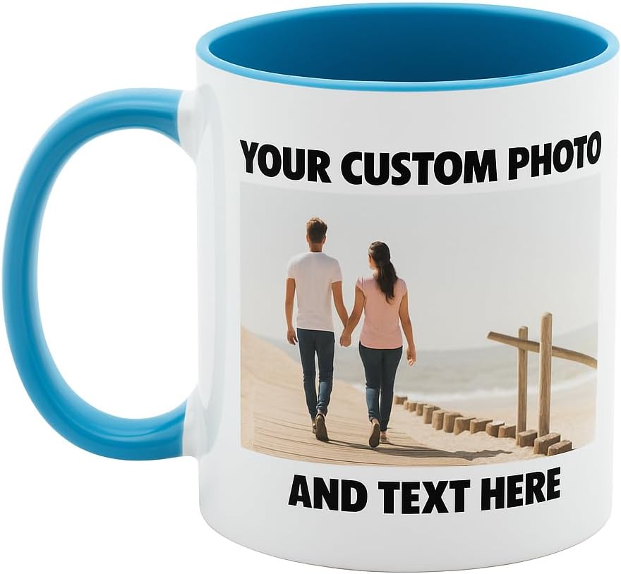 Personalized Coffee Mug | Custom Photo, Text, or Logo Cup (11oz, Light Blue Rim, Inner, and Handle) |Dishwasher & Microwave Safe |Unique Gift for Men & Women –Taza Personalizada